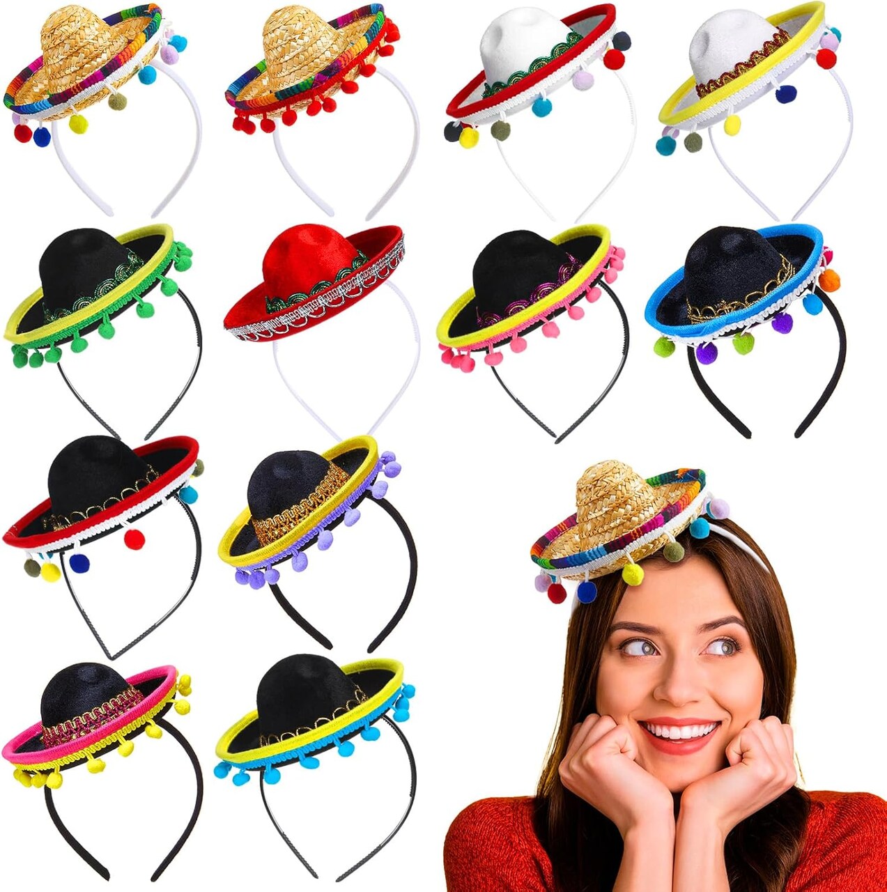 12 Pcs Cinco De Mayo Sombrero Headband Hats Bulk Mini Hat Headband with Fiesta Fabric Mexican Theme Decorations(Stylish)
